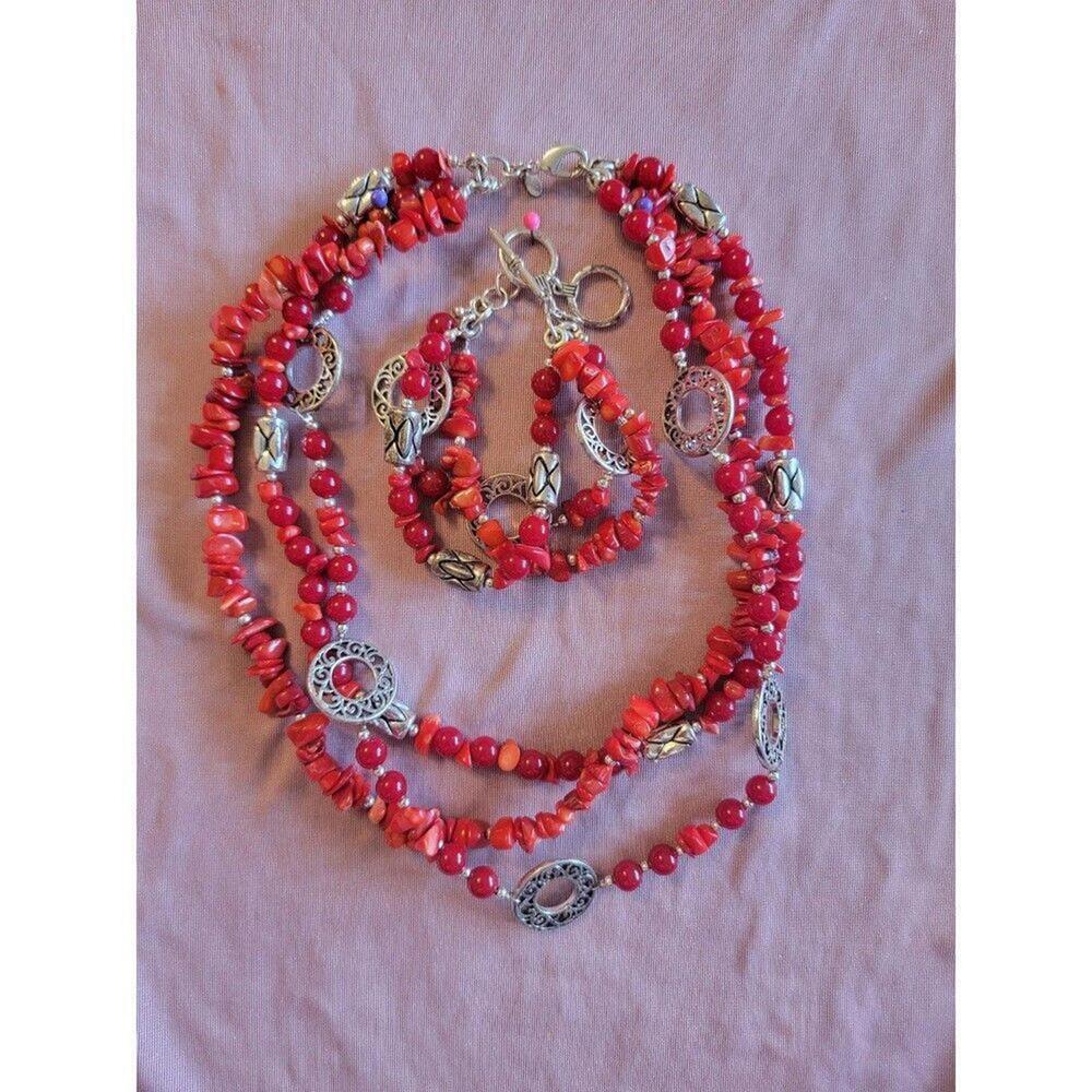 Premier Designs  Red Coral And Silver Beaded Necklace And Bracelet Set